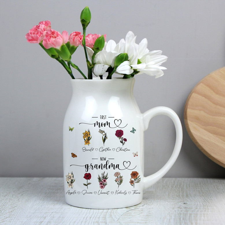 Custom Birth Ceramic Flower Vase for Mom or Grandma – Personalized Mother's Day or Garden Gift