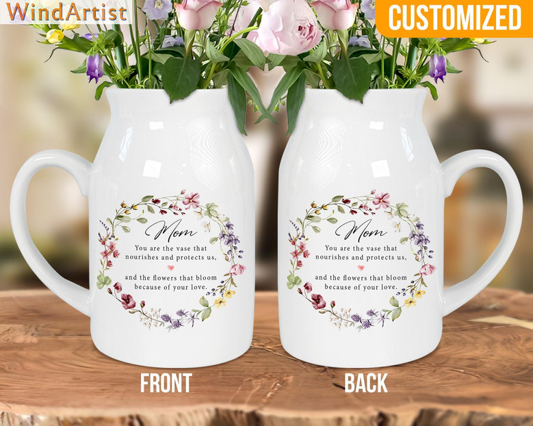 Personalized Mom Ceramic Flower Vase With Custom Quote For Mother's Day 2025 Gift - Ceramic Pitcher From Kids