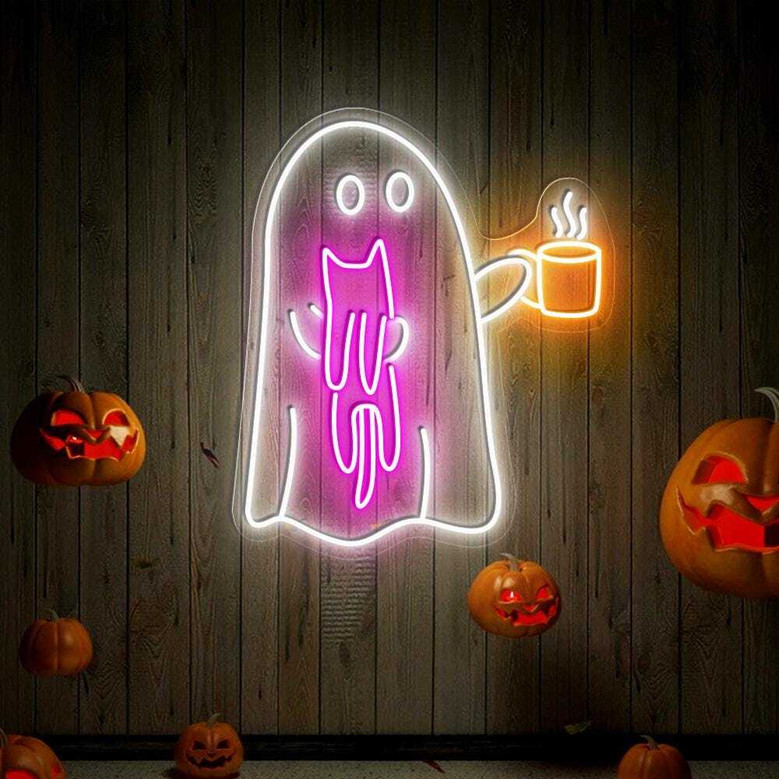 Ghost Coffee Neon Sign – Halloween Indoor Decor with Cat & Spooky Café Vibes