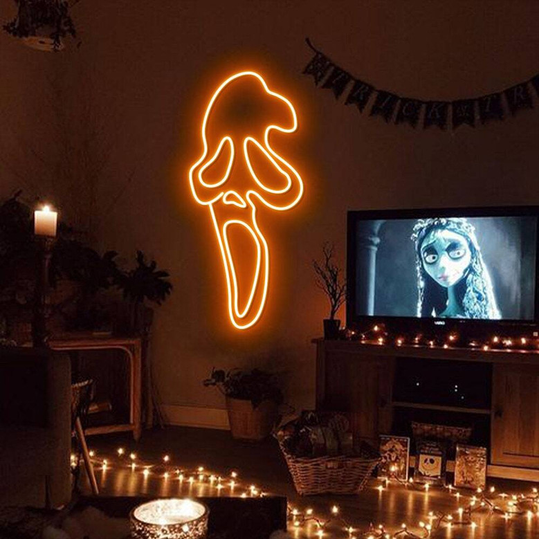 Scream Ghostface Neon Sign – Spooky LED Halloween Wall Decor for Horror Fans