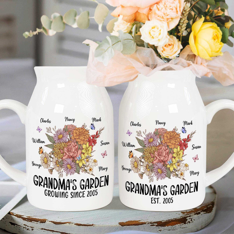 Custom Grandma's Garden Ceramic Flower Vase With Grandkids Name For Mother's Day - Personalized Birth Month Flowers