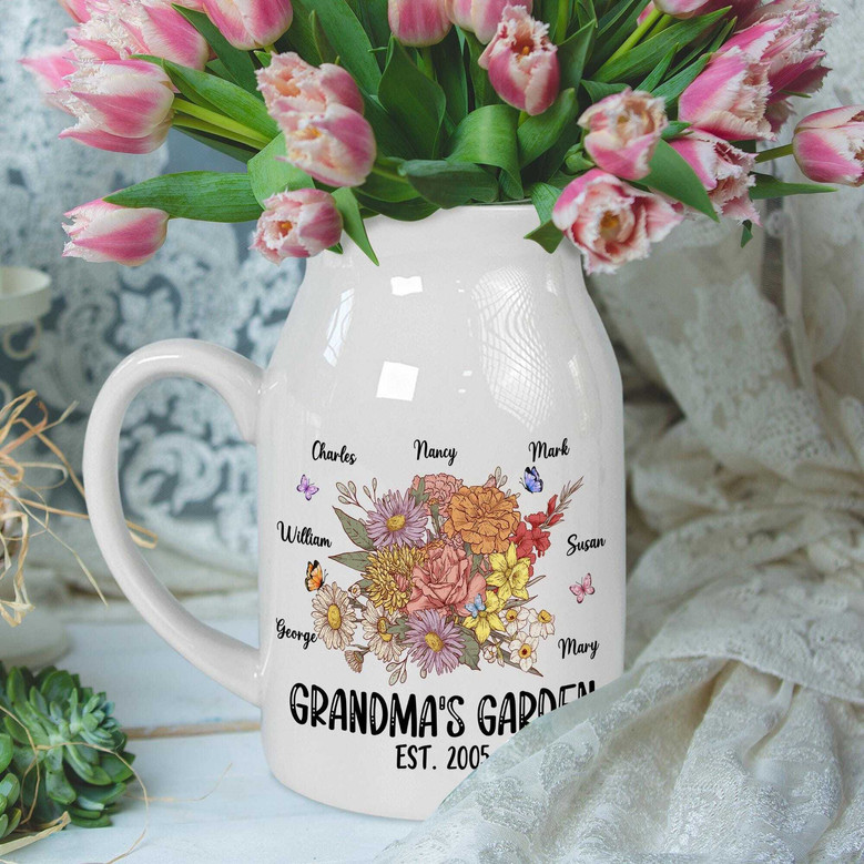 Custom Grandma's Garden Ceramic Flower Vase With Grandkids Name For Mother's Day - Personalized Birth Month Flowers