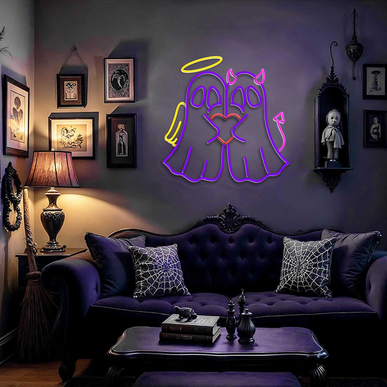 Angel Devil Ghost Neon Sign For Halloween Aesthetic - Spooky Wall Art For Couples' Gothic Bedroom Decor