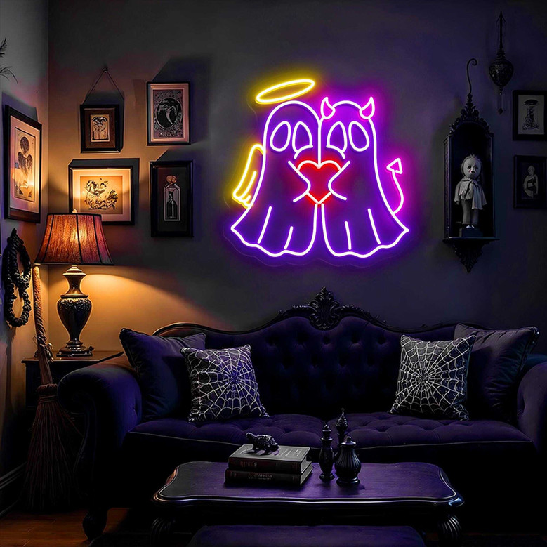 Angel Devil Ghost Neon Sign For Halloween Aesthetic - Spooky Wall Art For Couples' Gothic Bedroom Decor