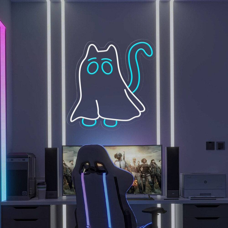 Halloween Cat Ghost Neon Sign – Fun LED Bedroom Decor for Cat Moms