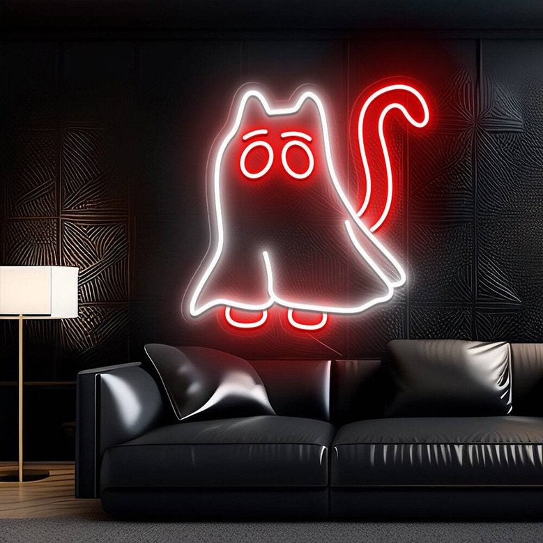 Halloween Cat Ghost Neon Sign – Fun LED Bedroom Decor for Cat Moms