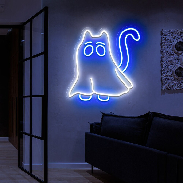 Halloween Cat Ghost Neon Sign – Fun LED Bedroom Decor for Cat Moms