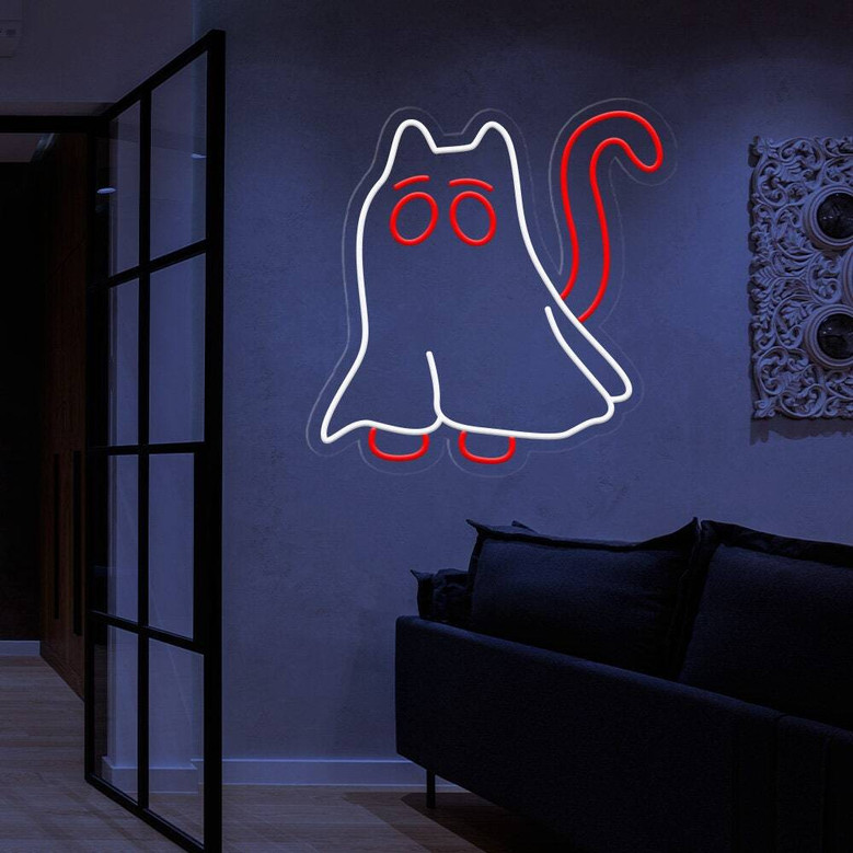 Halloween Cat Ghost Neon Sign – Fun LED Bedroom Decor for Cat Moms