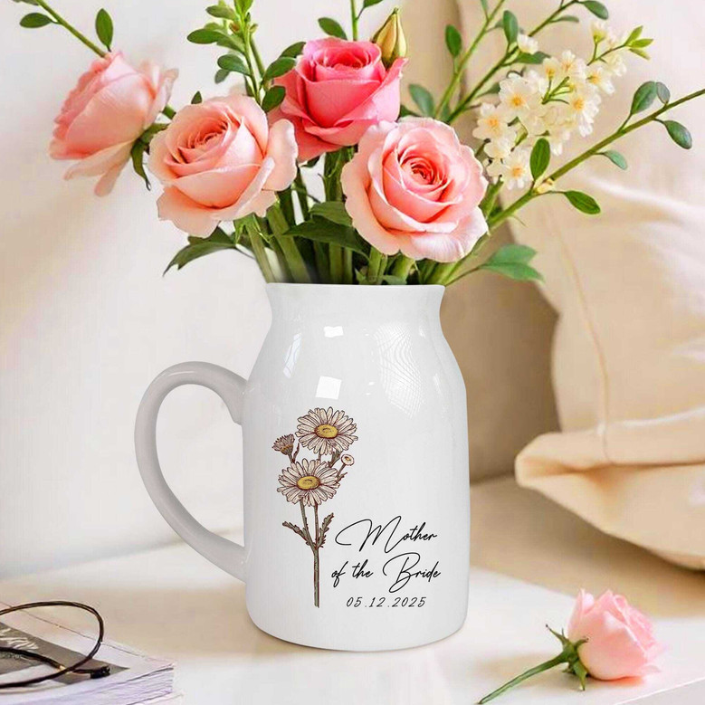 Personalized Mother's Day Ceramic Flower Vase - Mother Of The Bride & Groom Gift - Birth Month Flower Design For Mom
