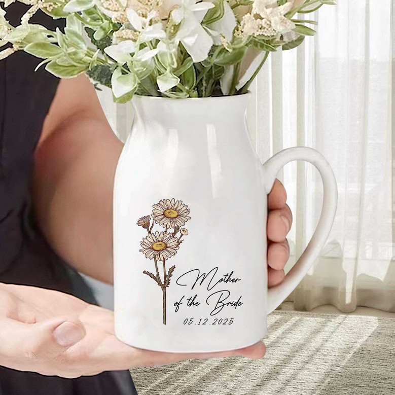 Personalized Mother's Day Ceramic Flower Vase - Mother Of The Bride & Groom Gift - Birth Month Flower Design For Mom
