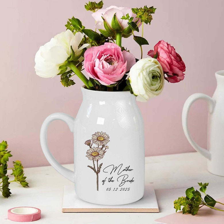 Personalized Mother's Day Ceramic Flower Vase - Mother Of The Bride & Groom Gift - Birth Month Flower Design For Mom