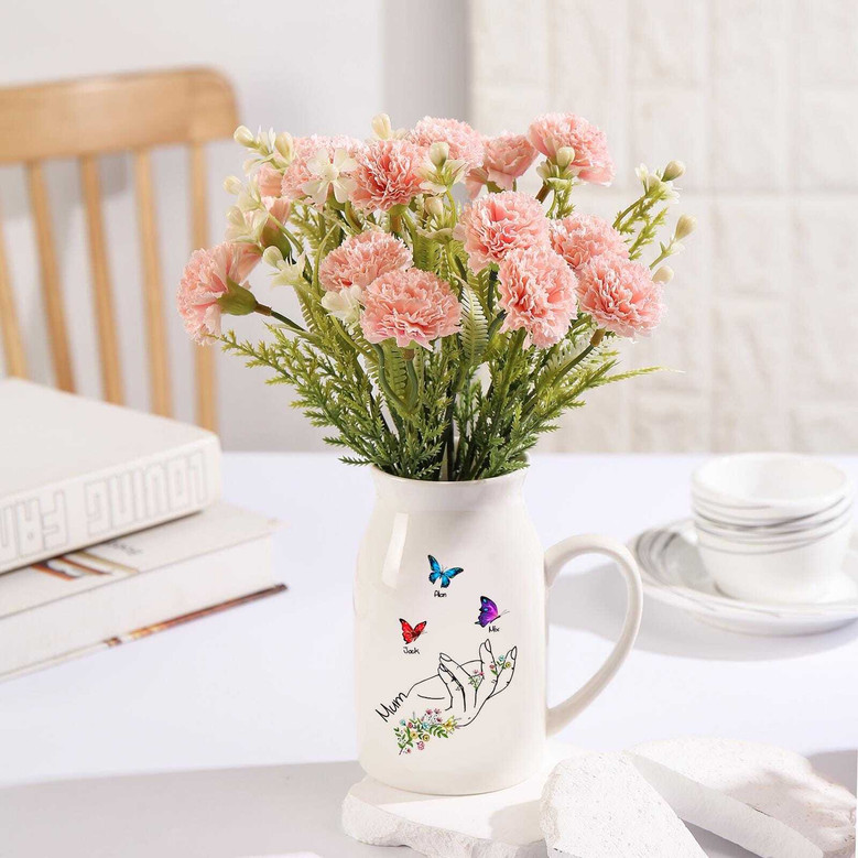 Heartfelt Mother's Day Ceramic Flower Vase With Kids' Names For Mom - Customizable Gift For Birthday Or Grandma