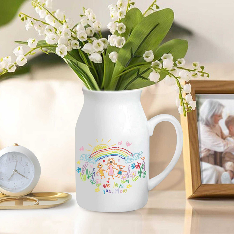 Thoughtful Personalized Drawing Ceramic Flower Vase For Mom - Mother's Day Gift From Kids With Custom Designs