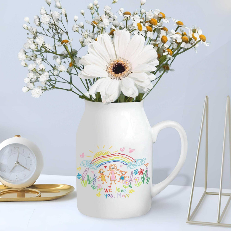 Thoughtful Personalized Drawing Ceramic Flower Vase For Mom - Mother's Day Gift From Kids With Custom Designs