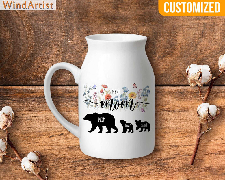 Custom Mother's Day Ceramic Flower Vase With Family Names – Grandma Bear Design – Thoughtful Gift For Mom & Grandma 2025