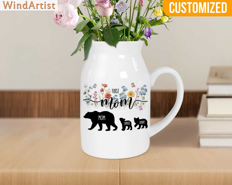 Custom Mother's Day Ceramic Flower Vase With Family Names – Grandma Bear Design – Thoughtful Gift For Mom & Grandma 2025