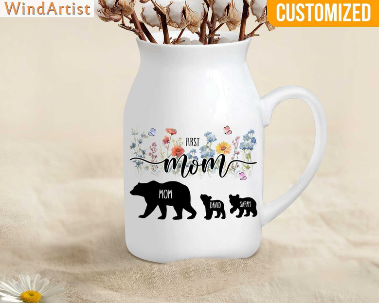 Custom Mother's Day Ceramic Flower Vase With Family Names – Grandma Bear Design – Thoughtful Gift For Mom & Grandma 2025
