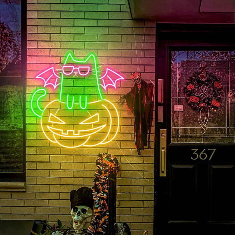Glowing Pumpkin Cat Neon Sign – Glowing Halloween LED Bedroom Decor for Cat Lovers