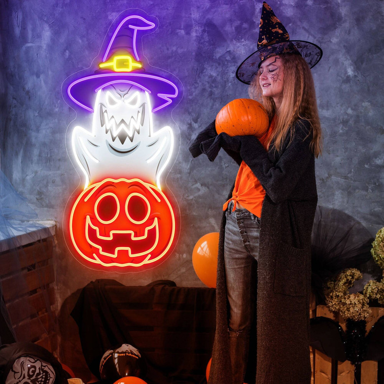 Pumpkin Ghost Neon Sign For Kids - Halloween Party Decor And Gifts