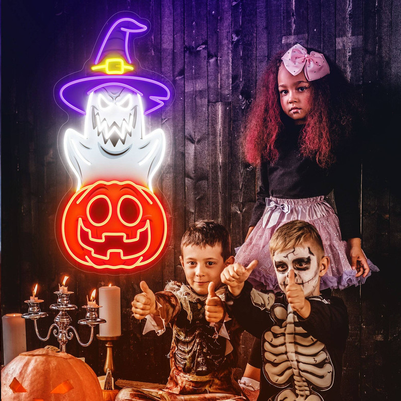 Pumpkin Ghost Neon Sign For Kids - Halloween Party Decor And Gifts