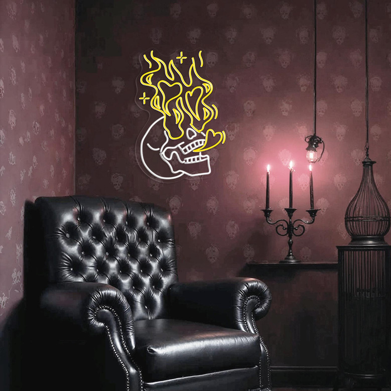 Handmade Skull Heart Fire Neon Sign For Halloween Gothic Home Decor - Unique Horror Party Wall Art