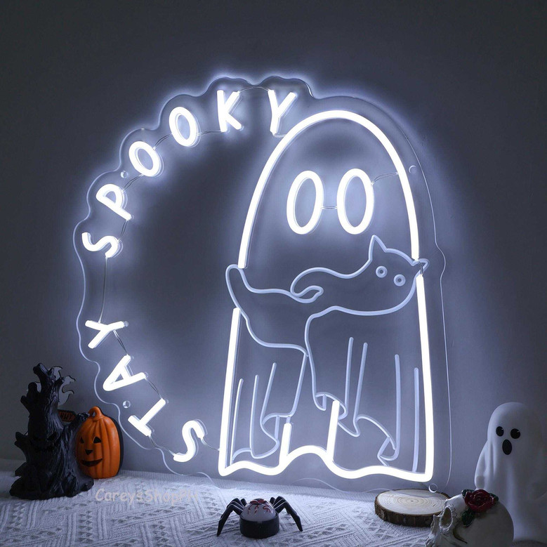 Funny Stay Spooky Ghost Cat Neon Sign - Halloween Party Wall DéCor For Spooky Season Room
