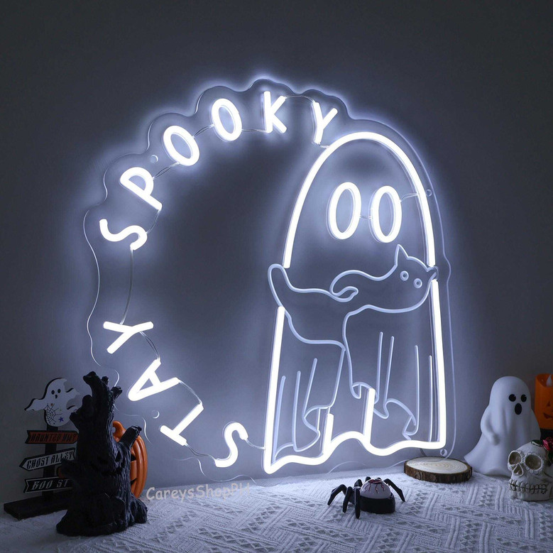 Funny Stay Spooky Ghost Cat Neon Sign - Halloween Party Wall DéCor For Spooky Season Room