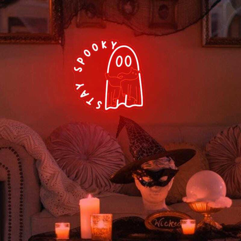 Funny Stay Spooky Ghost Cat Neon Sign - Halloween Party Wall DéCor For Spooky Season Room