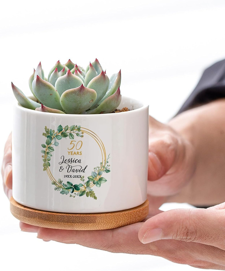 50 Years Wreath Personalized Plant Pot – Custom Ceramic Flower Planter with Name & Date for Wedding Anniversary Gift