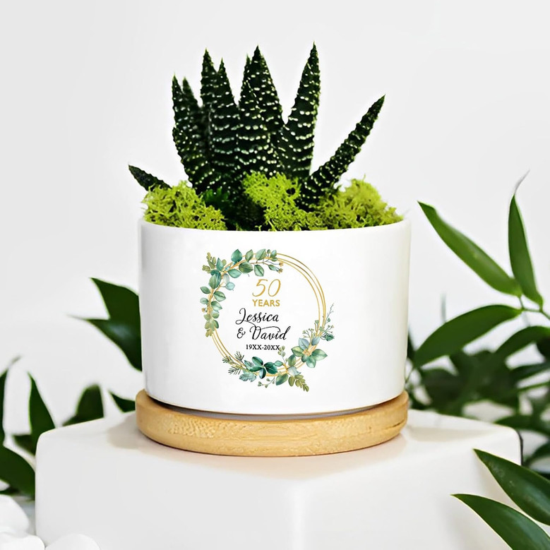 50 Years Wreath Personalized Plant Pot – Custom Ceramic Flower Planter with Name & Date for Wedding Anniversary Gift