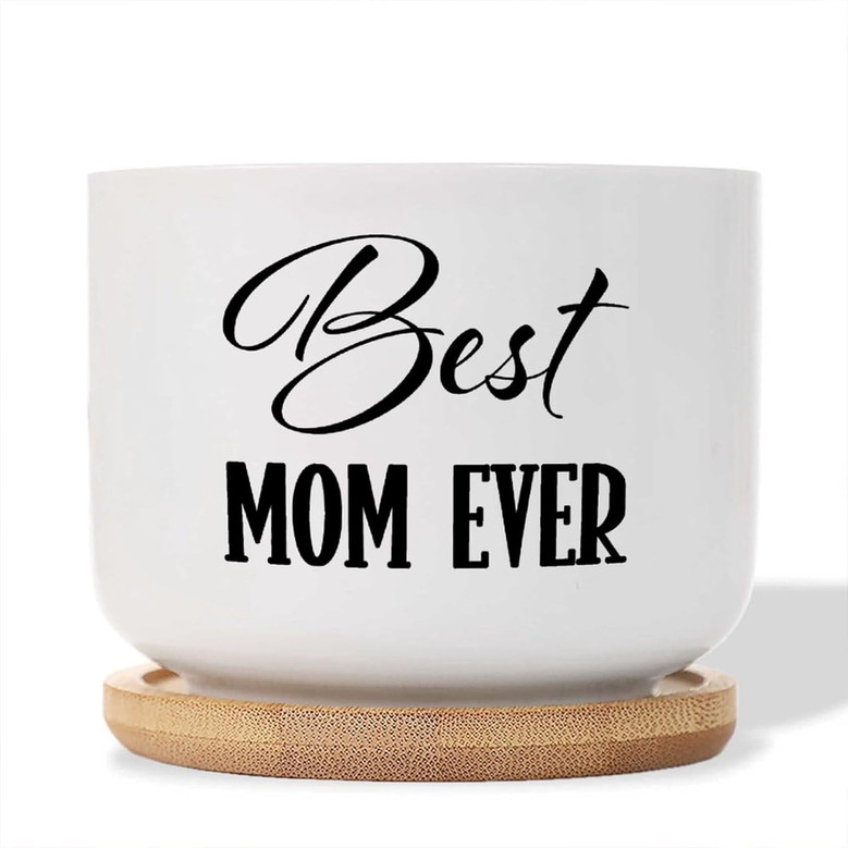 Mother's Day Succulent Pot – “Best Mom Ever” Ceramic Flower Planter with Drainage, Small Quote Pot for Mom Gift