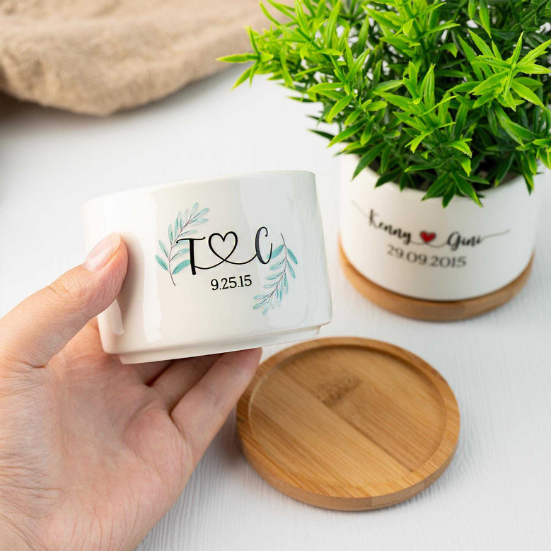Custom Couple's Name Ceramic Plant Pot - Thoughtful Wedding Or Anniversary Gift For Newlyweds