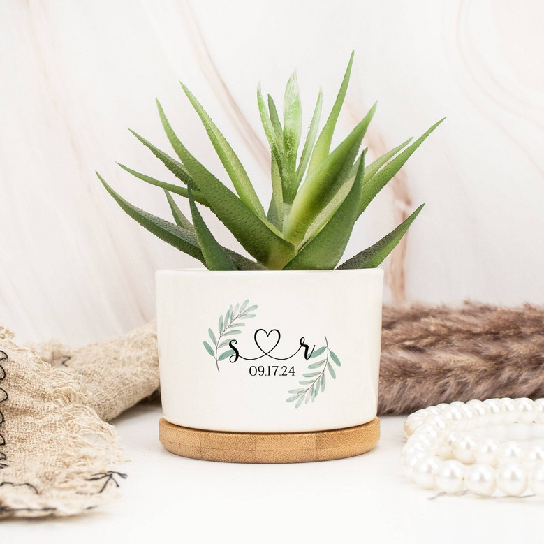 Custom Couple's Name Ceramic Plant Pot - Thoughtful Wedding Or Anniversary Gift For Newlyweds