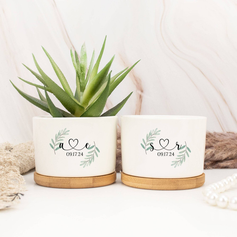 Custom Couple's Name Ceramic Plant Pot - Thoughtful Wedding Or Anniversary Gift For Newlyweds