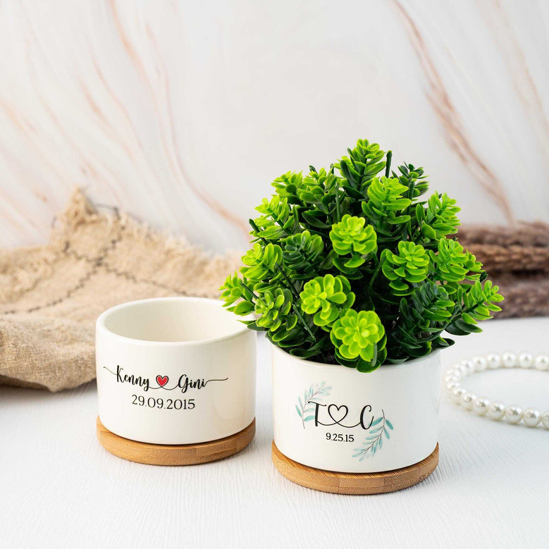 Custom Couple's Name Ceramic Plant Pot - Thoughtful Wedding Or Anniversary Gift For Newlyweds