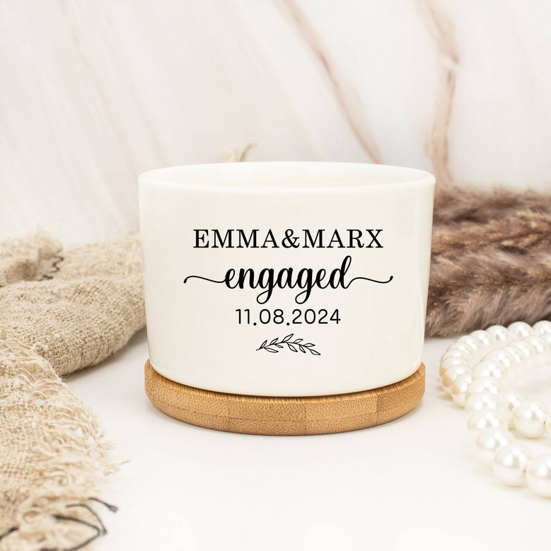 Engaged Couple Name Ceramic Plant Pot - Personalized Anniversary Flower Pot For Newlywed Gifts