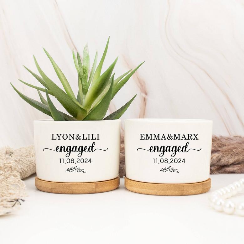 Engaged Couple Name Ceramic Plant Pot - Personalized Anniversary Flower Pot For Newlywed Gifts