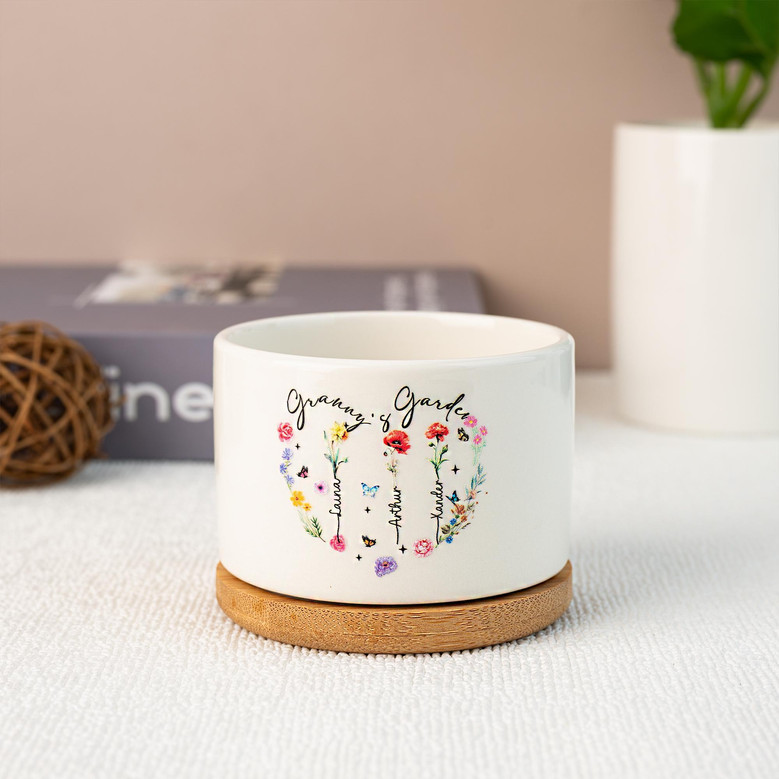 Personalized Grandma's Garden Ceramic Plant Pot With Family Birthflower For Mom Or Grandma - Thoughtful Mother's Day Gift
