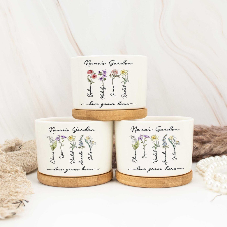 Heartfelt Grandma's Garden Ceramic Plant Pot - Custom Name & Birthflower For Mother's Day Or Birthday