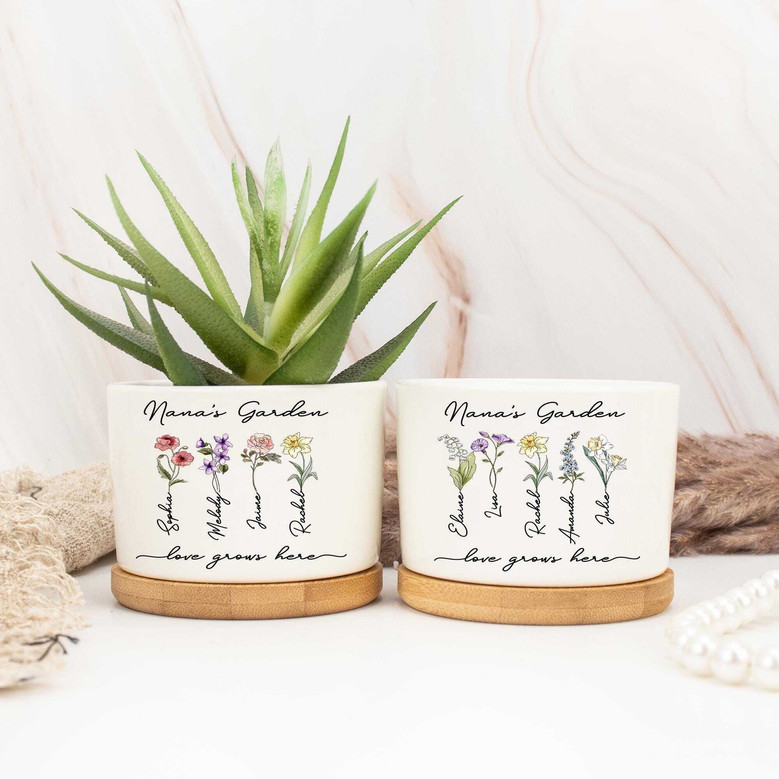 Heartfelt Grandma's Garden Ceramic Plant Pot - Custom Name & Birthflower For Mother's Day Or Birthday