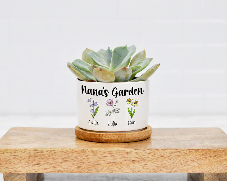 Heartfelt Grandma's Garden Ceramic Plant Pot - Custom Birth Flower Succulent Planter For Mother's Day