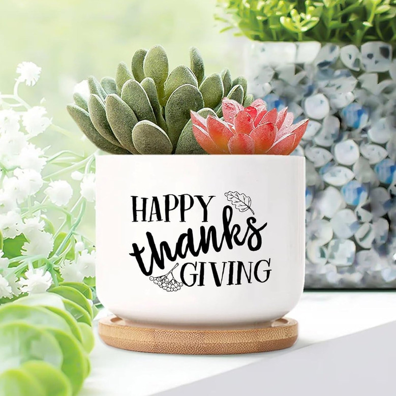 Happy Thanksgiving Ceramic Plant Pot – Fall Succulent Planter with Inspirational Message, Indoor Plant Pot with Drainage & Saucer