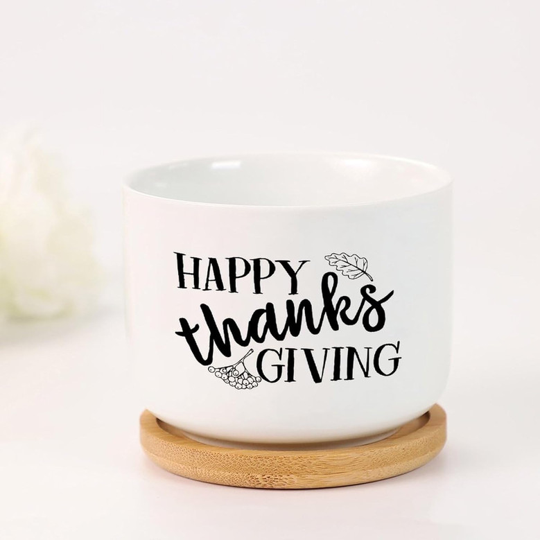 Happy Thanksgiving Ceramic Plant Pot – Fall Succulent Planter with Inspirational Message, Indoor Plant Pot with Drainage & Saucer