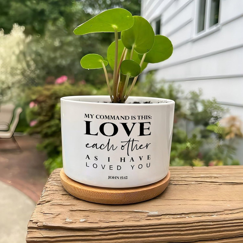 Love Each Other As I Have Loved You" Ceramic Planter – Flower Pot with Drainage & Saucer for Indoor Plants, Christian Home Decor