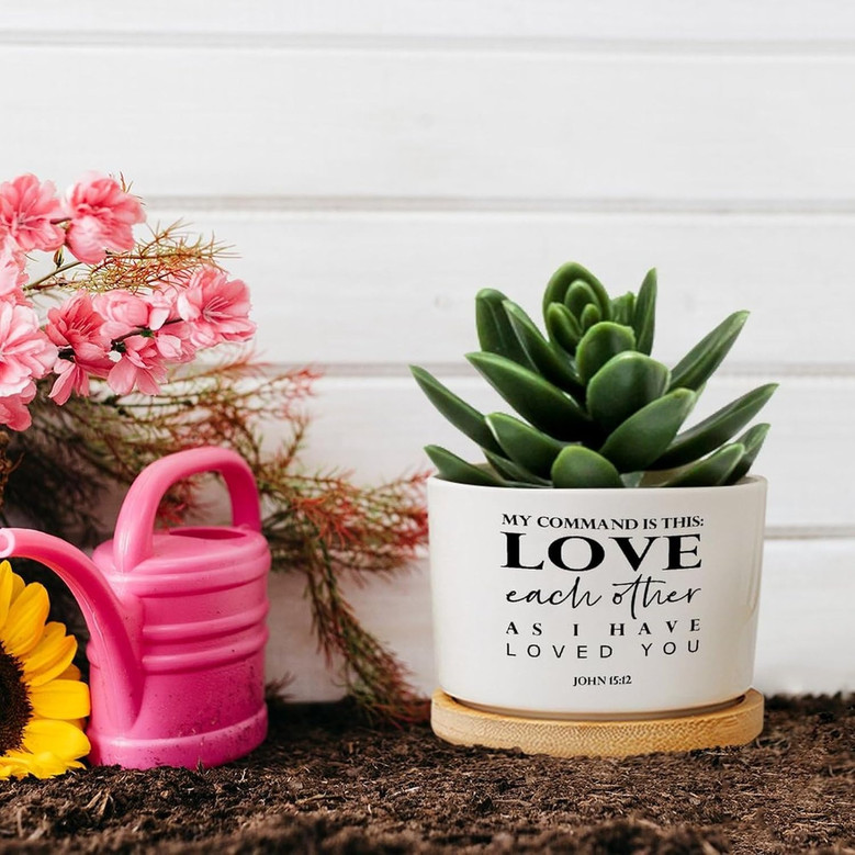 Love Each Other As I Have Loved You" Ceramic Planter – Flower Pot with Drainage & Saucer for Indoor Plants, Christian Home Decor
