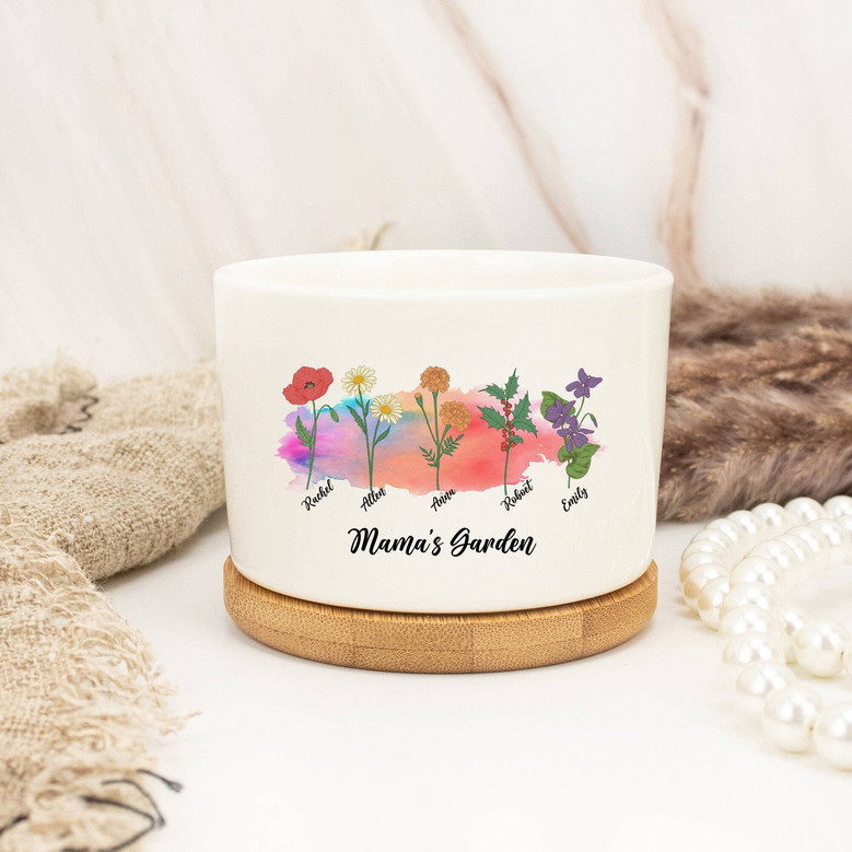 Thoughtful Mama's Garden Ceramic Plant Pot With Custom Birthflower And Family Name For Mother's Day Or Birthday