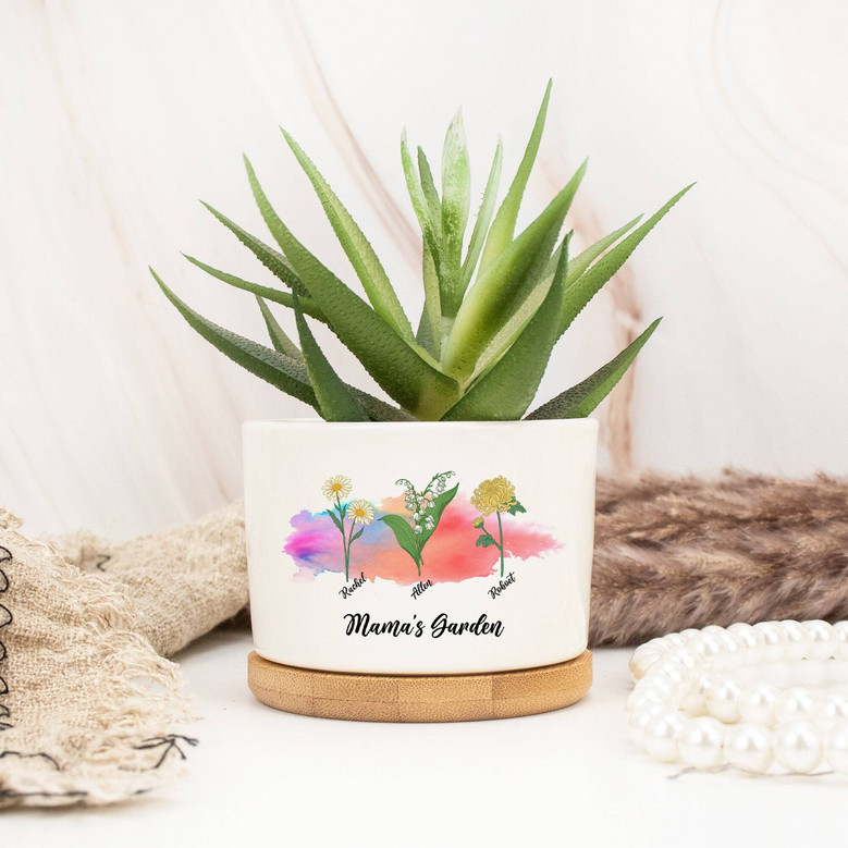 Thoughtful Mama's Garden Ceramic Plant Pot With Custom Birthflower And Family Name For Mother's Day Or Birthday