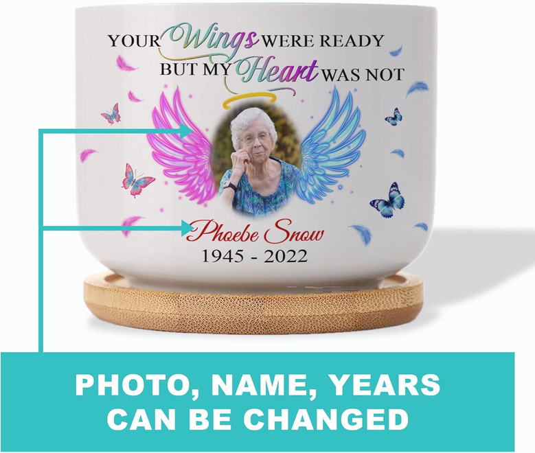 Personalized Memorial Butterfly Ceramic Plant Pot – Custom Name & Photo Sympathy Gift with Tray for Loss of Mom or Dad in Heaven