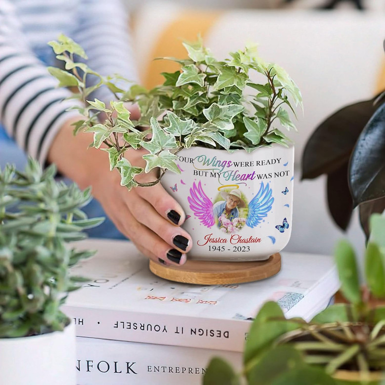 Personalized Memorial Butterfly Ceramic Plant Pot – Custom Name & Photo Sympathy Gift with Tray for Loss of Mom or Dad in Heaven