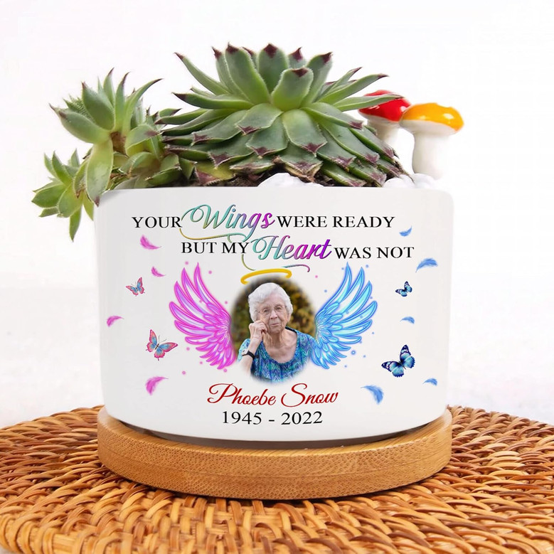 Personalized Memorial Butterfly Ceramic Plant Pot – Custom Name & Photo Sympathy Gift with Tray for Loss of Mom or Dad in Heaven